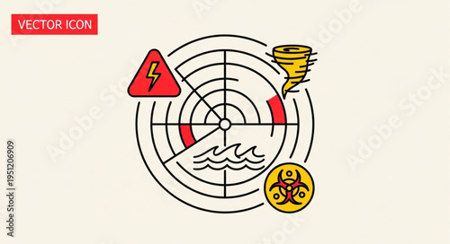 Weather radar showing storm warnings and natural disaster symbols.