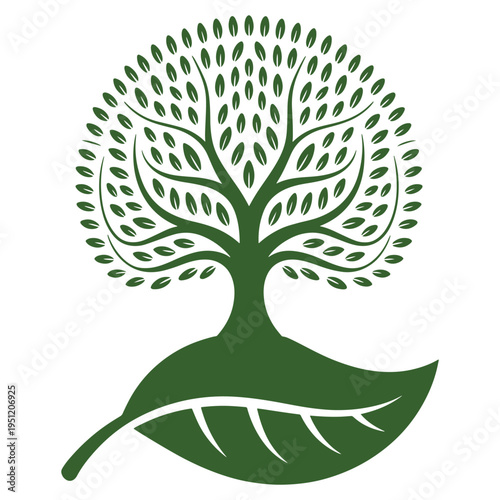 A stylized green tree icon growing out of a single leaf representing nature and sustainability