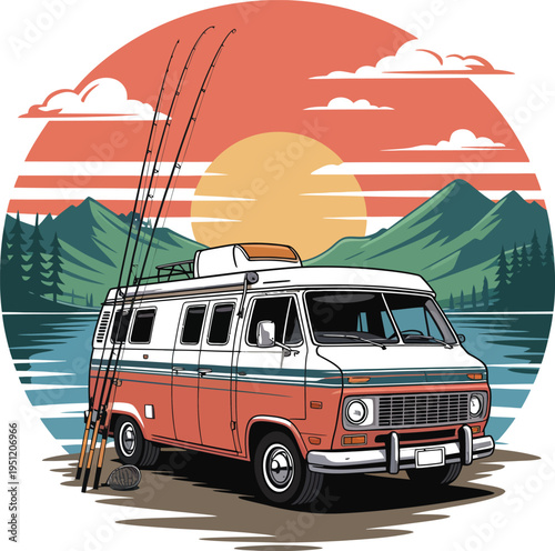 Vintage camper van parked by serene lake at sunset with fishing rods