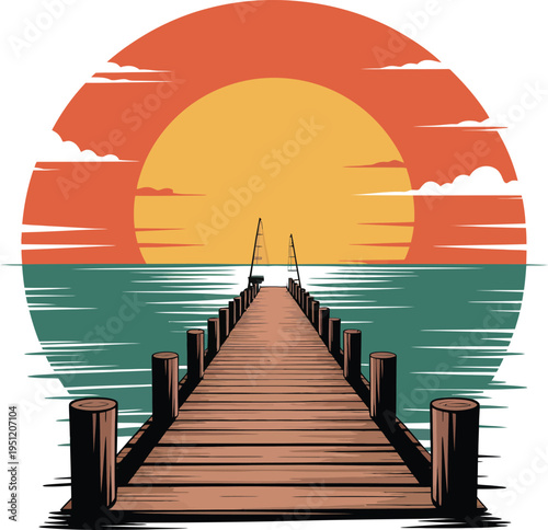 Vibrant sunset over serene wooden pier extending into calm sea with sailboat