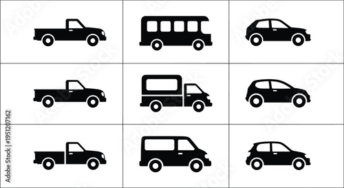 Vehicle silhouette icon set, pickup truck bus delivery van and car transport symbols, black automobile collection design – flat vector illustration