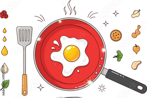 Fried egg in red pan with spatula cooking ingredients breakfast food illustration kitchen vector isolated background