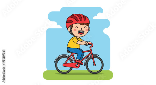 Canvastavla Smiling child riding red bicycle.