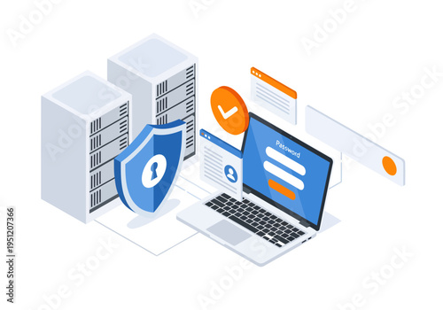 An isometric digital illustration portrays a laptop with a secure password login screen guarded by a large blue shield, standing beside two white server racks and floating UI elements ensuring access