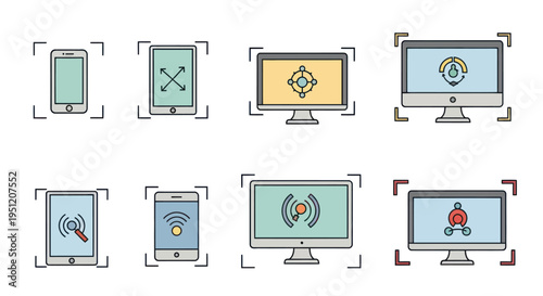 computer screens with various icons.