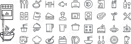 Frying pan, fork, knife, recipe book, microwave, collection. Cooking web icons in line style. Vector illustration.eps