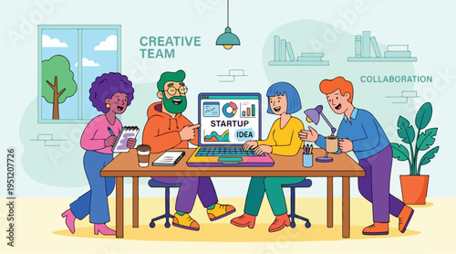 Creative Team Working on Laptop Cartoon Flat Illustration
