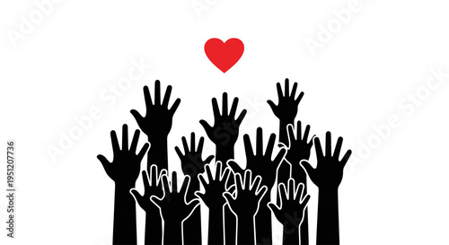 Many hands raised with heart above.