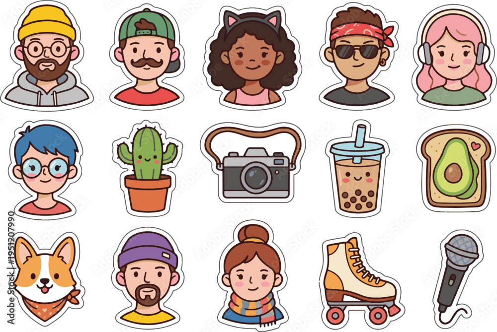 Fototapeta premium Cute Creative Profile Avatar Vector Sticker Set. Hipster man with beanie and girl with headphones.