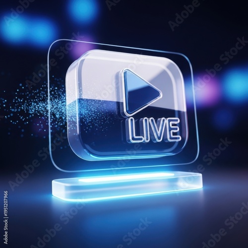 Glowing blue live play button on a futuristic platform