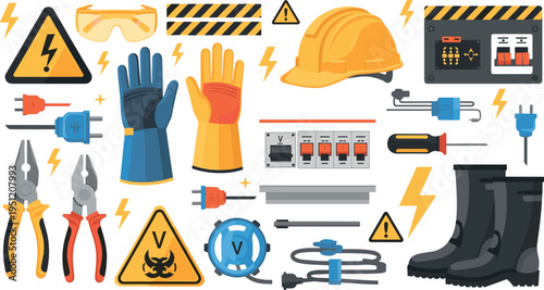 Electrical Safety Equipment Icons Collection with Helmet, Insulated Gloves, Tools, Warning Signs, Boots and Industrial Electrical Protection Gear Set