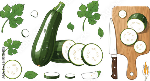 Fresh zucchini vegetable with sliced pieces cutting board knife and green leaves cooking ingredient vector illustration