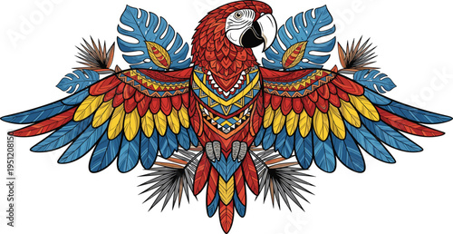 Colorful macaw parrot with spread wings decorative tribal pattern tropical bird ornamental vector illustration isolated background