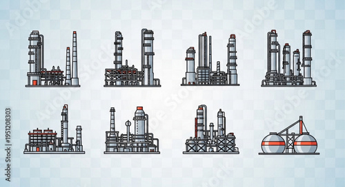 Collection of Industrial Plant and Refinery Illustrations in Sketch Style.