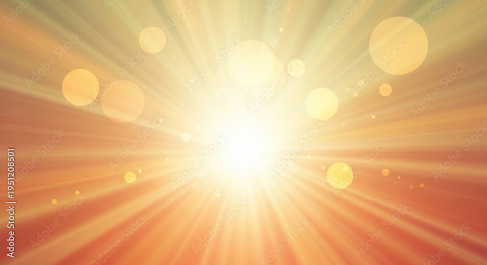 Obraz premium A radiant sun with orange and yellow hues, surrounded by circular bokeh effects and light rays, casting a warm glow on the background.