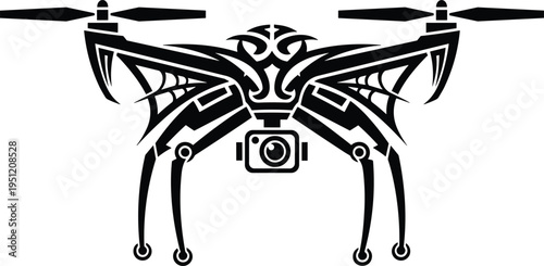 "Stylized tribal tattoo illustration of quadcopter drone with symmetrical patterns, curved legs, mounted camera, and abstract artistic design blending modern technology with