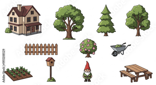 Pixel Art Garden Scene with House, Trees, and Garden Elements.