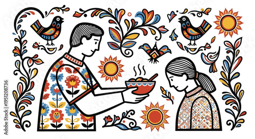 Folk couple sharing soup vector