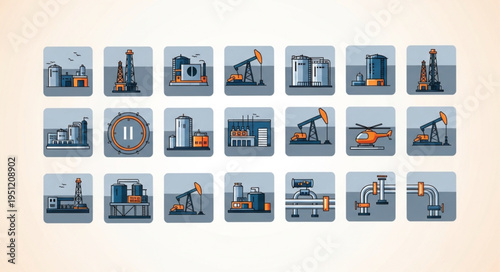 Collection of Oil Industry Icons - Depicting Extraction and Processing.