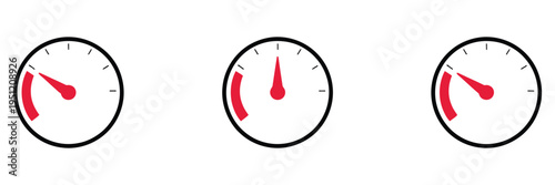 Speed level indicator, circle with arrow and scale, barometer-style vector illustration in black and red, showing minimum, average