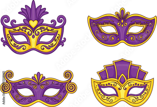 Venetian carnival mask collection, purple and gold masquerade costume accessories, festive party decoration design, flat vector illustration set