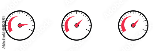 Speed level indicator, circular arrow with scale, black and red barometer vector, displaying low, medium, and high speeds