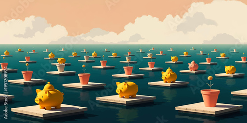 Surreal Floating Objects Grid with Ducks and Plants Conceptual Vector Illustration