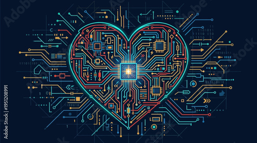 Digital Heart Circuit Board with Glowing Processors, Representing Technology and Connection