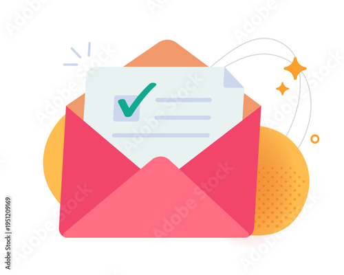 Email message inbox with poll voting survey icon vector modern simple graphic drawn illustration, web mail envelope with check mark subscription confirmation or verification approval response online
