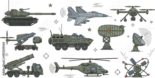 Military Defense and Warfare Icons Collection with Tank, Fighter Jet, Drone, Helicopter, Radar System, Missile Launcher and Tactical Equipment Set