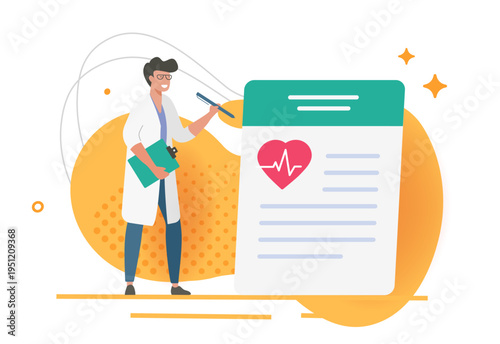 Medical health diagnosis prescription information and doctor man cartoon drawn vector icon modern illustration graphic, heart healthcare cardiology ecg report, patient record therapy checkup clip art

