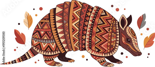Ethnic tribal armadillo with geometric patterns decorative wildlife animal boho folk ornament vector illustration isolated background