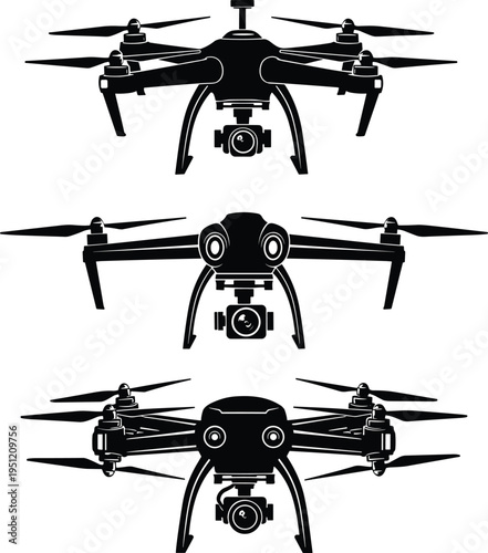 "Set of three black drone silhouettes with mounted cameras, front-facing quadcopter and multi-rotor designs, ideal for aerial photography, videography, technology, and