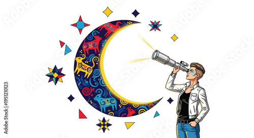 Man telescope moon vector