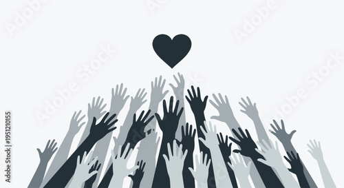 Many hands reaching for heart symbol.