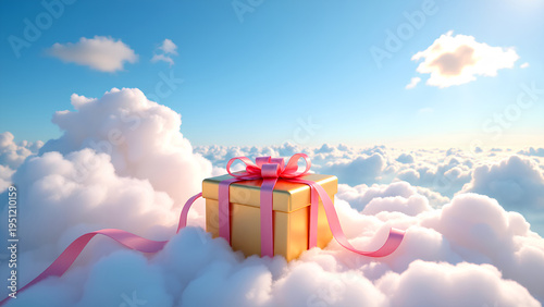 Golden gift box with pink ribbon resting on soft clouds under bright blue sky, creating whimsical dreamy atmosphere of celebration and surprise