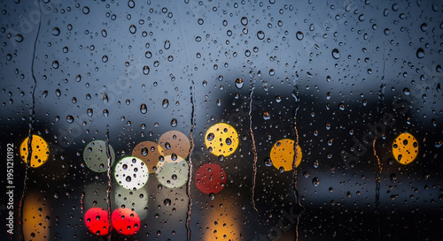 Fotografi A photo taken from inside a car on a rainy night, showing blurred traffic lights through a wet windshield with raindrops, capturing the urban atmosphere of a city at evening