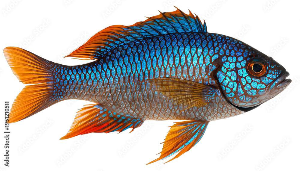 Fototapeta premium vibrant electric blue and orange tropical fish isolated on white background.