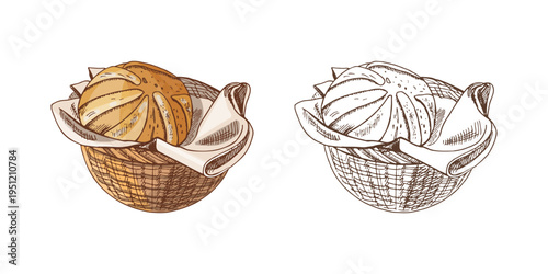 Hand drawn vintage bread loaf in basket with napkin and spoon rustic bakery illustration