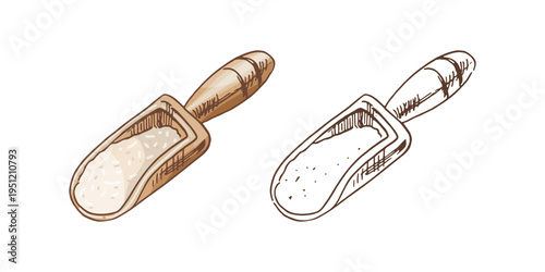 Hand drawn vintage flour scoop wooden handle baking ingredient kitchen tool illustration set isolated