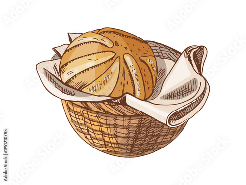 Hand drawn vintage bread loaf in basket with napkin rustic bakery food illustration isolated
