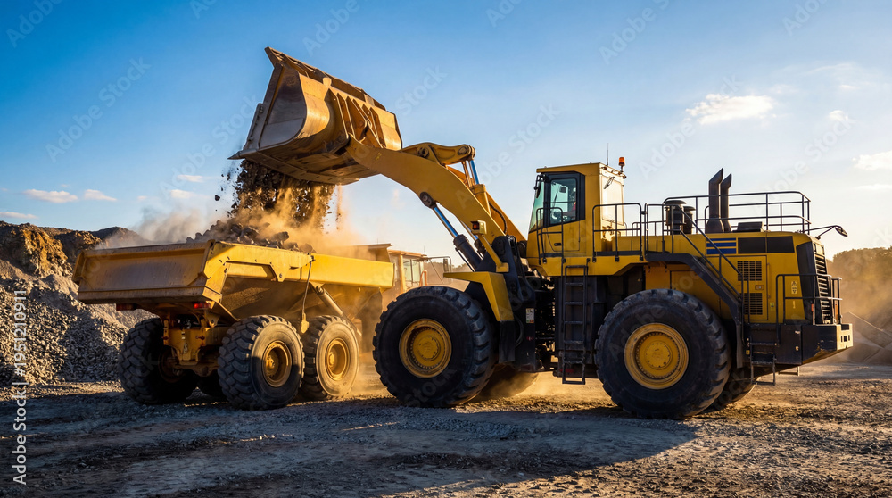 Obraz premium Loading ore by excavator into a dump truck