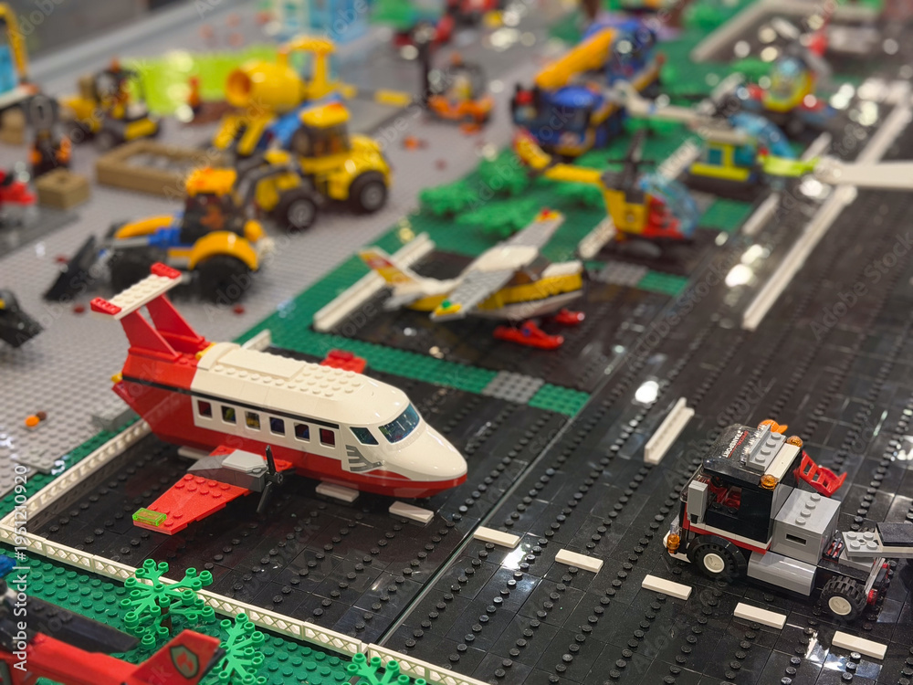 Fototapeta premium Toy brick airport runway with jet and service vehicles