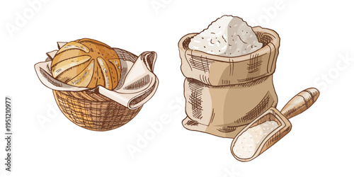 Hand drawn vintage bakery set with bread basket and flour sack with scoop rustic food illustration