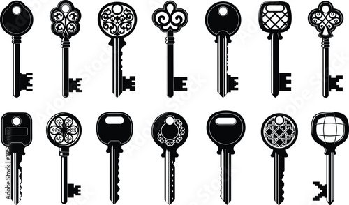 Vintage and modern key collection, ornate decorative silhouettes, locksmith design concept, security symbol artwork, diverse craftsmanship illustration, vector art style, flat vector illustration