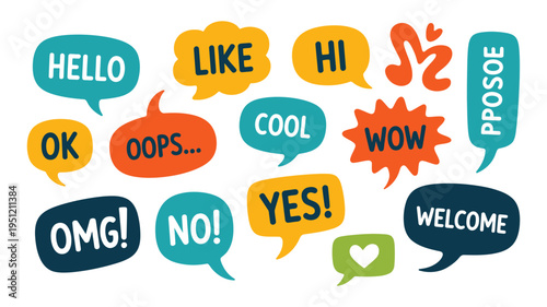 Speech bubbles with text, hand drawn trendy design elements, grunge texture rough edges, colorful vector doodle banners for web and print.