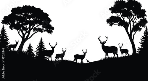 Silhouette of deer and trees against a bright white background