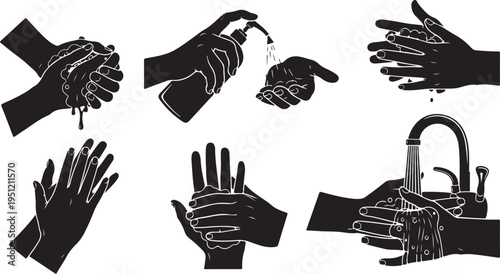 Handwashing illustration with soap and water in black silhouette