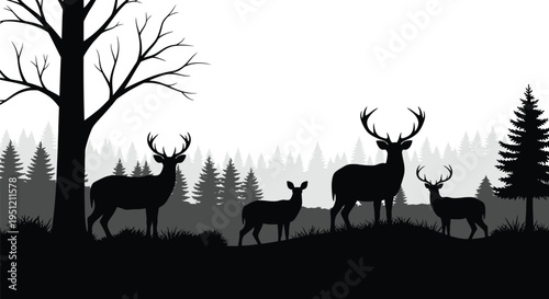 Silhouette of deer family against a misty forest backdrop