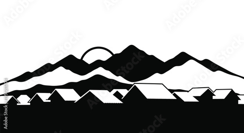 Minimalist black and white landscape featuring mountains and a village